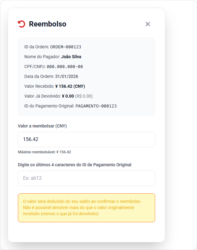 Exemplo de modal de reembolso da ByteMax
