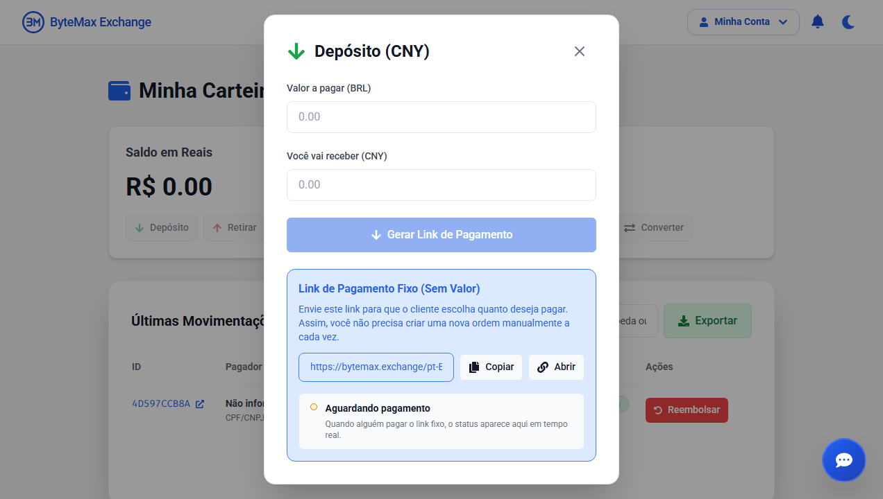 Exemplo de modal de depósito/recebimento da ByteMax
