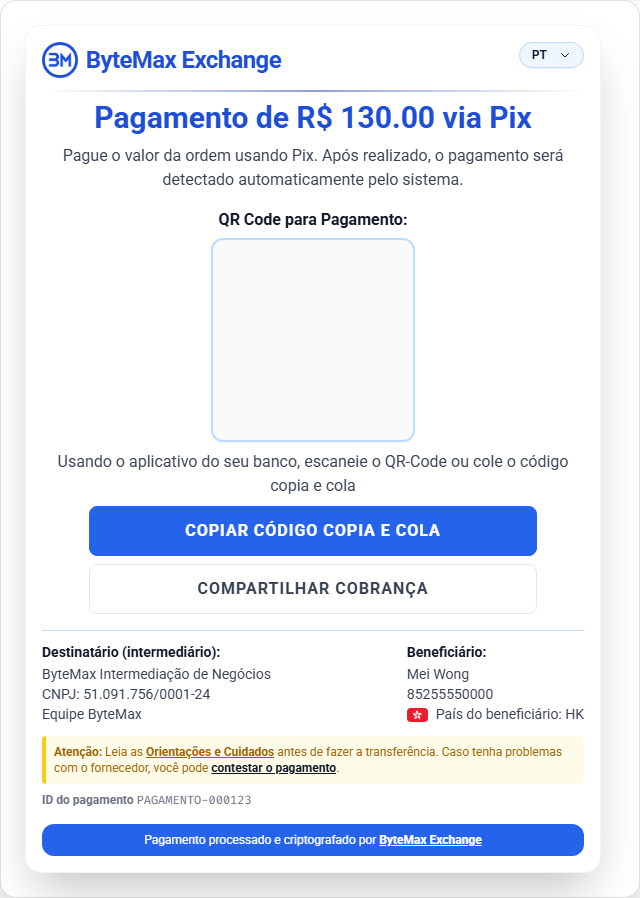 Exemplo de página de pagamento da ByteMax com QR Code Pix
