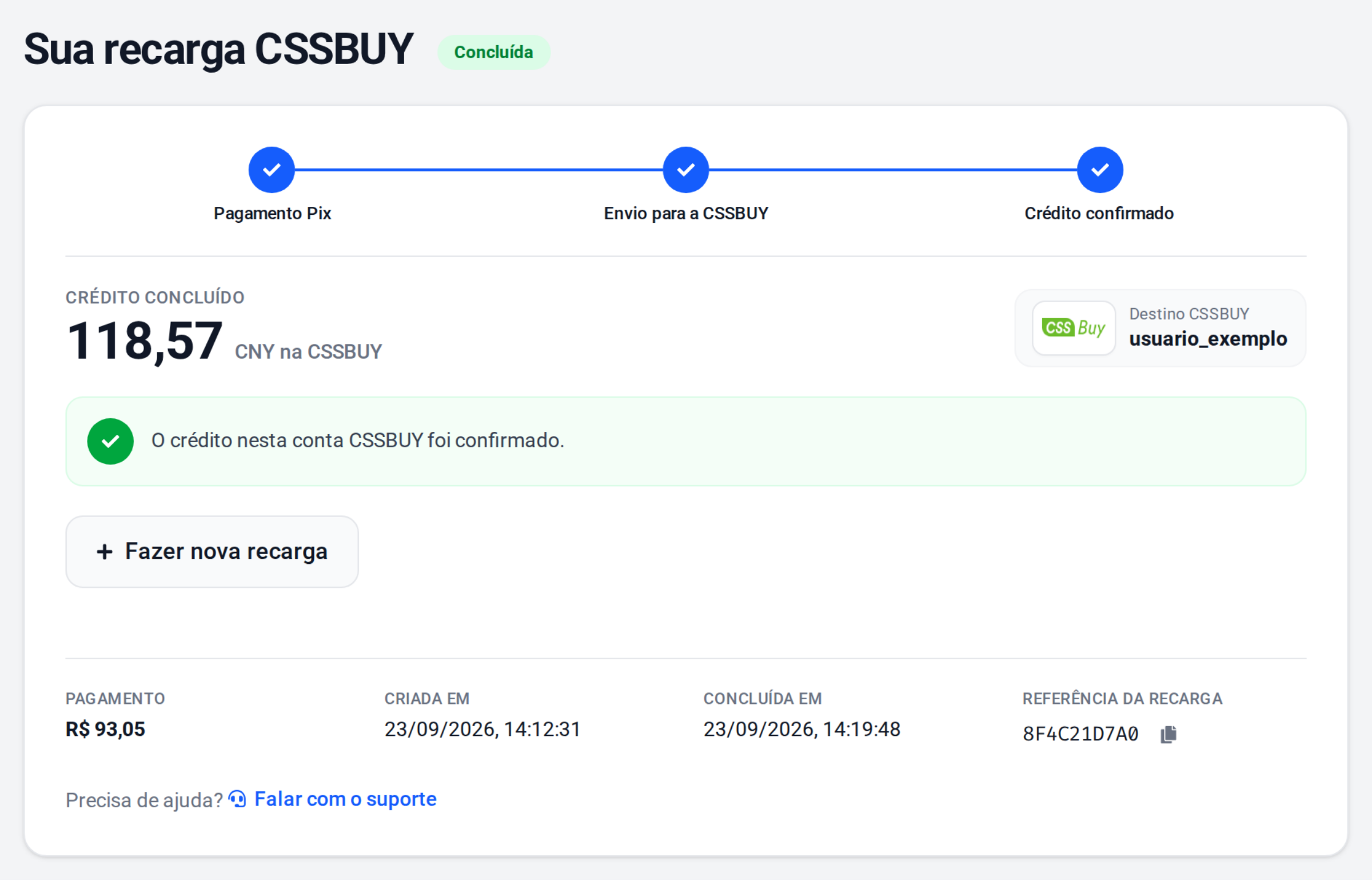 Página da recarga CSSBUY concluída, com o crédito confirmado