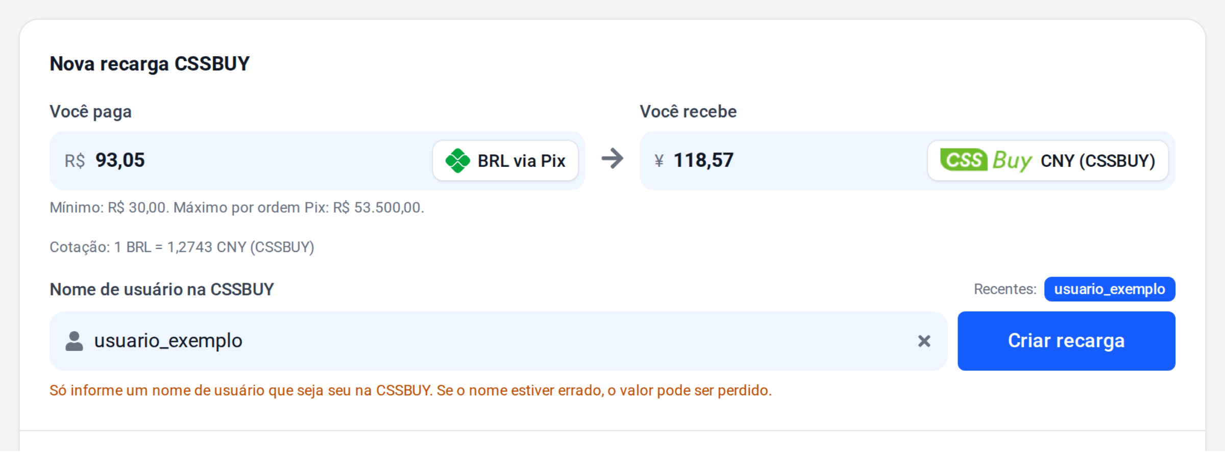 Formulário Nova recarga CSSBUY na ByteMax, com valor em reais, valor em yuan e nome de usuário