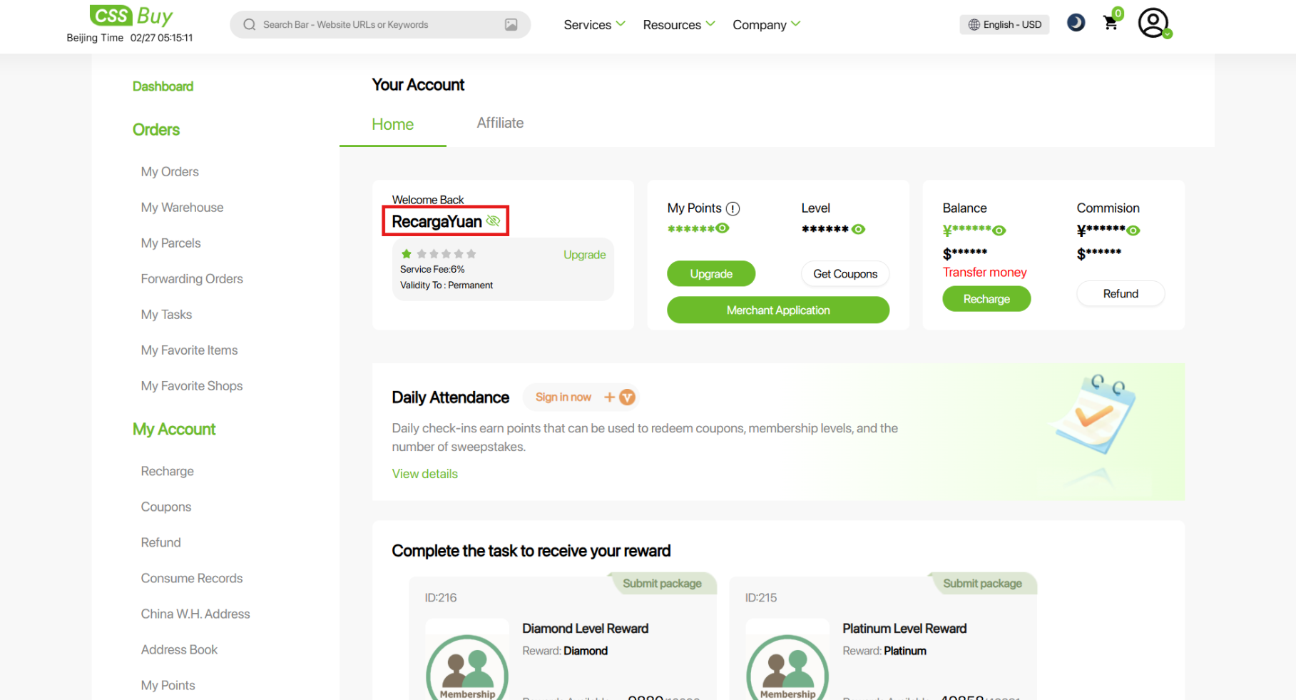 Conta CSSBUY com o nome de usuário destacado