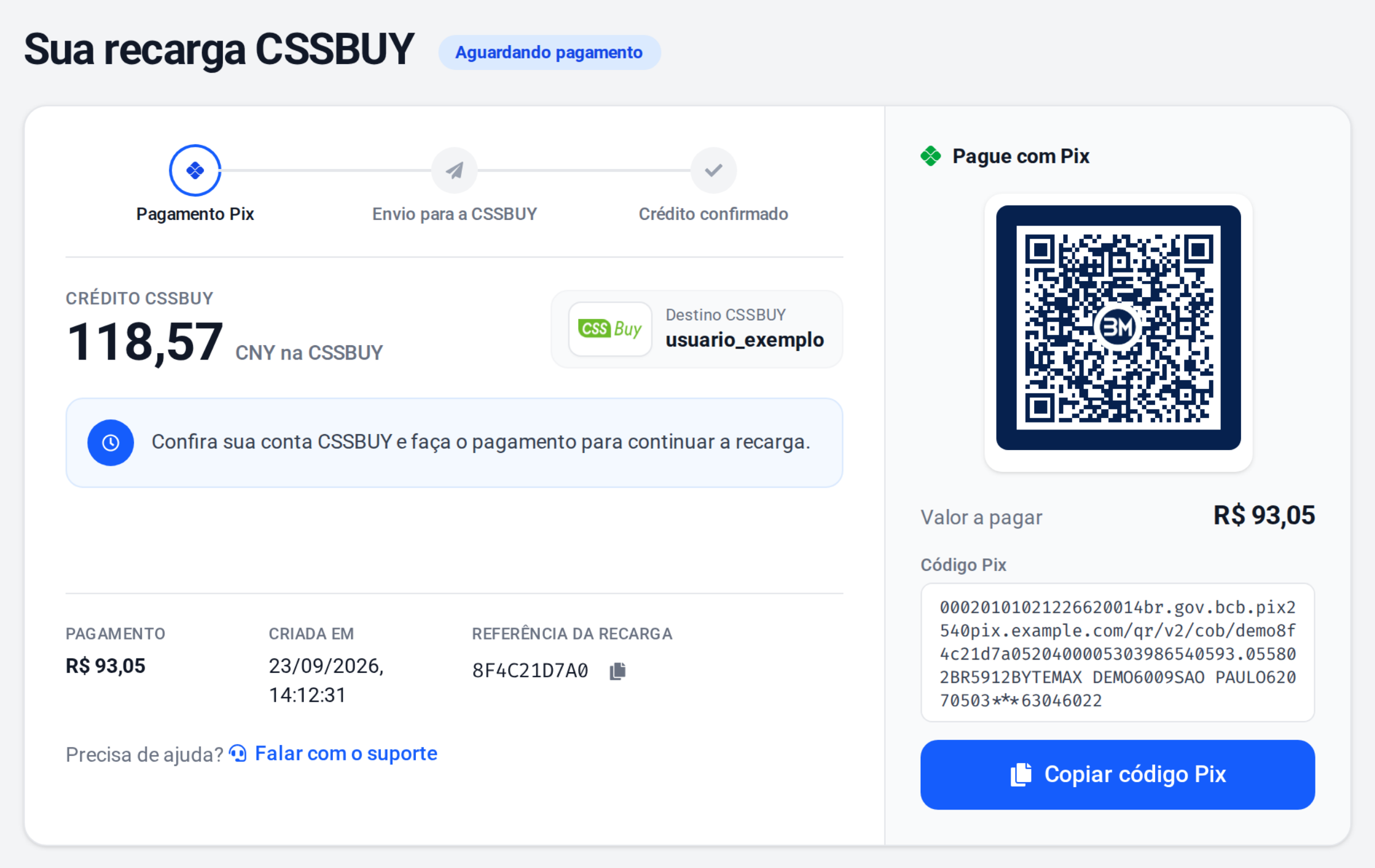 Página Sua recarga CSSBUY aguardando pagamento, com o código Pix