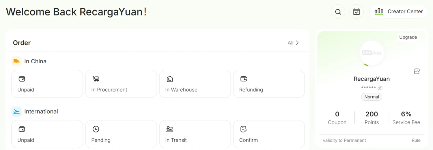 Personal Center da CSSBUY com o nome de usuário na saudação e no cartão da conta
