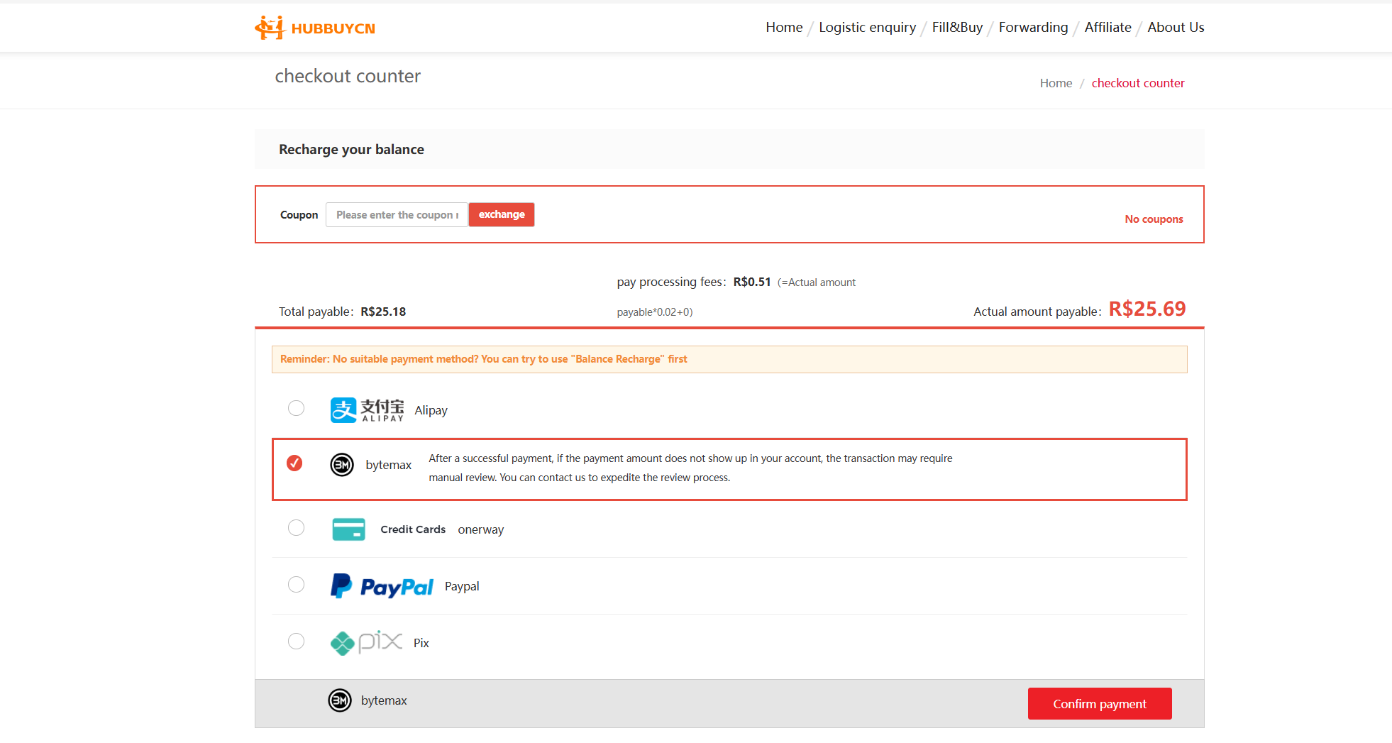 Tela de checkout com a opção bytemax selecionada