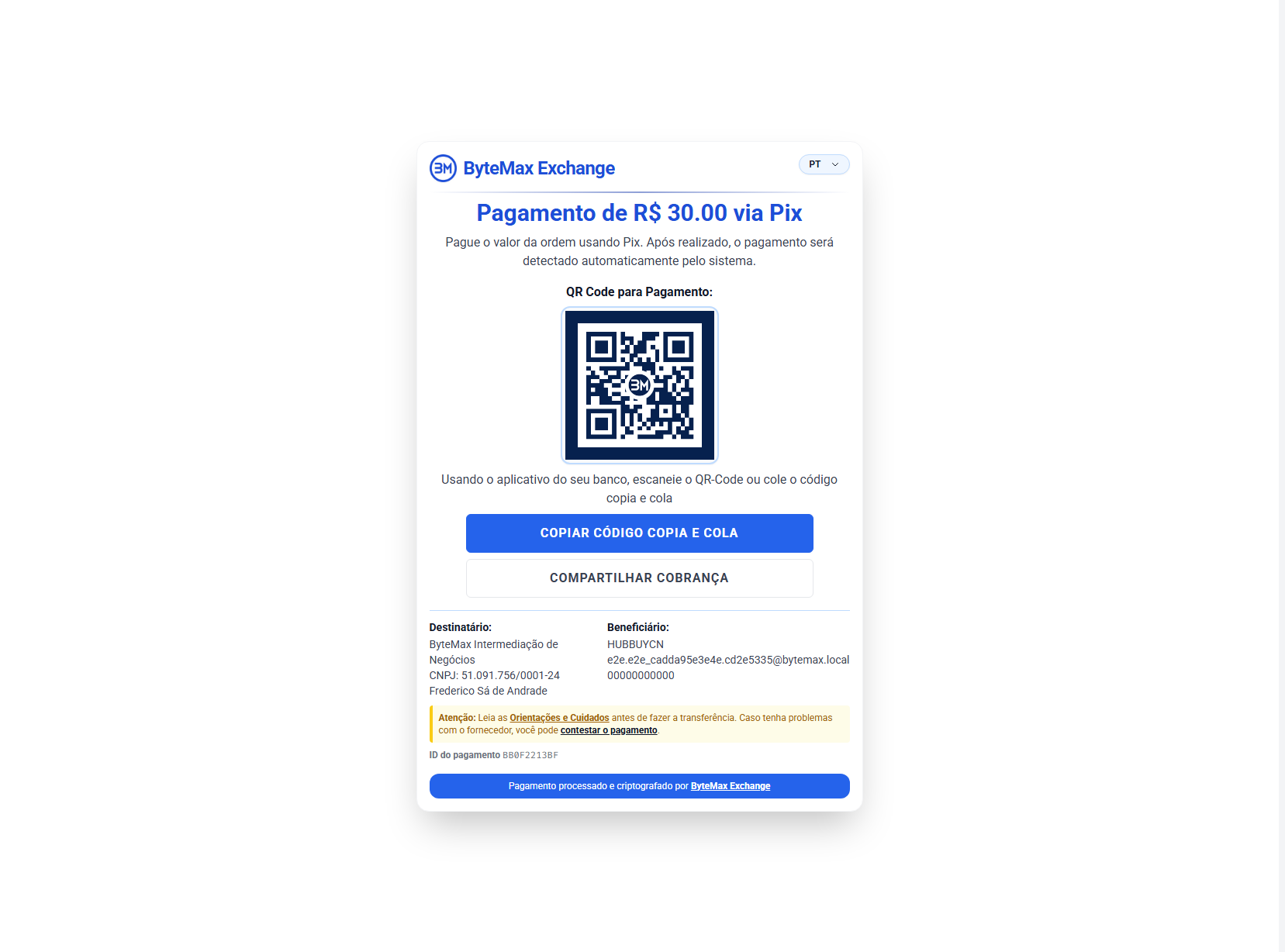 Tela de pagamento Pix da ByteMax Exchange