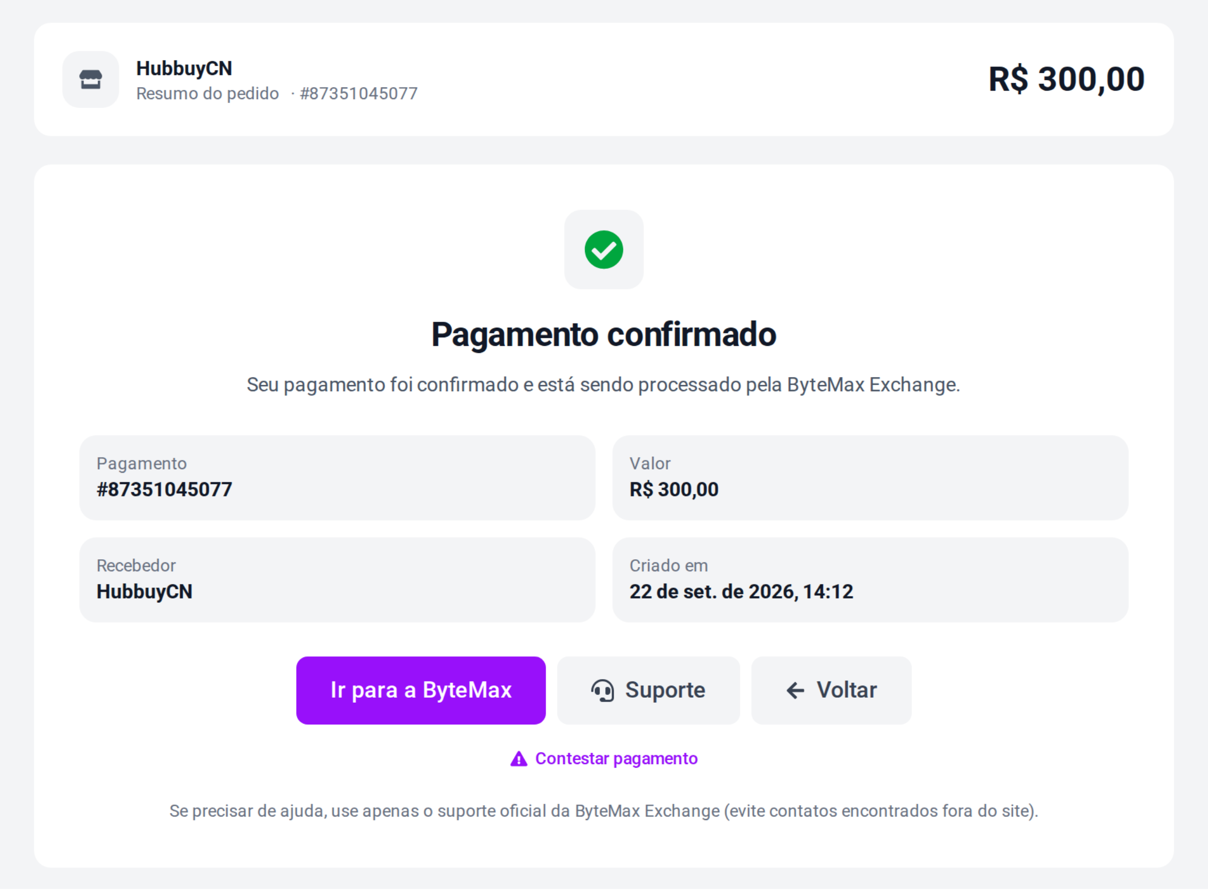 Tela de pagamento confirmado da ByteMax com os dados do pagamento