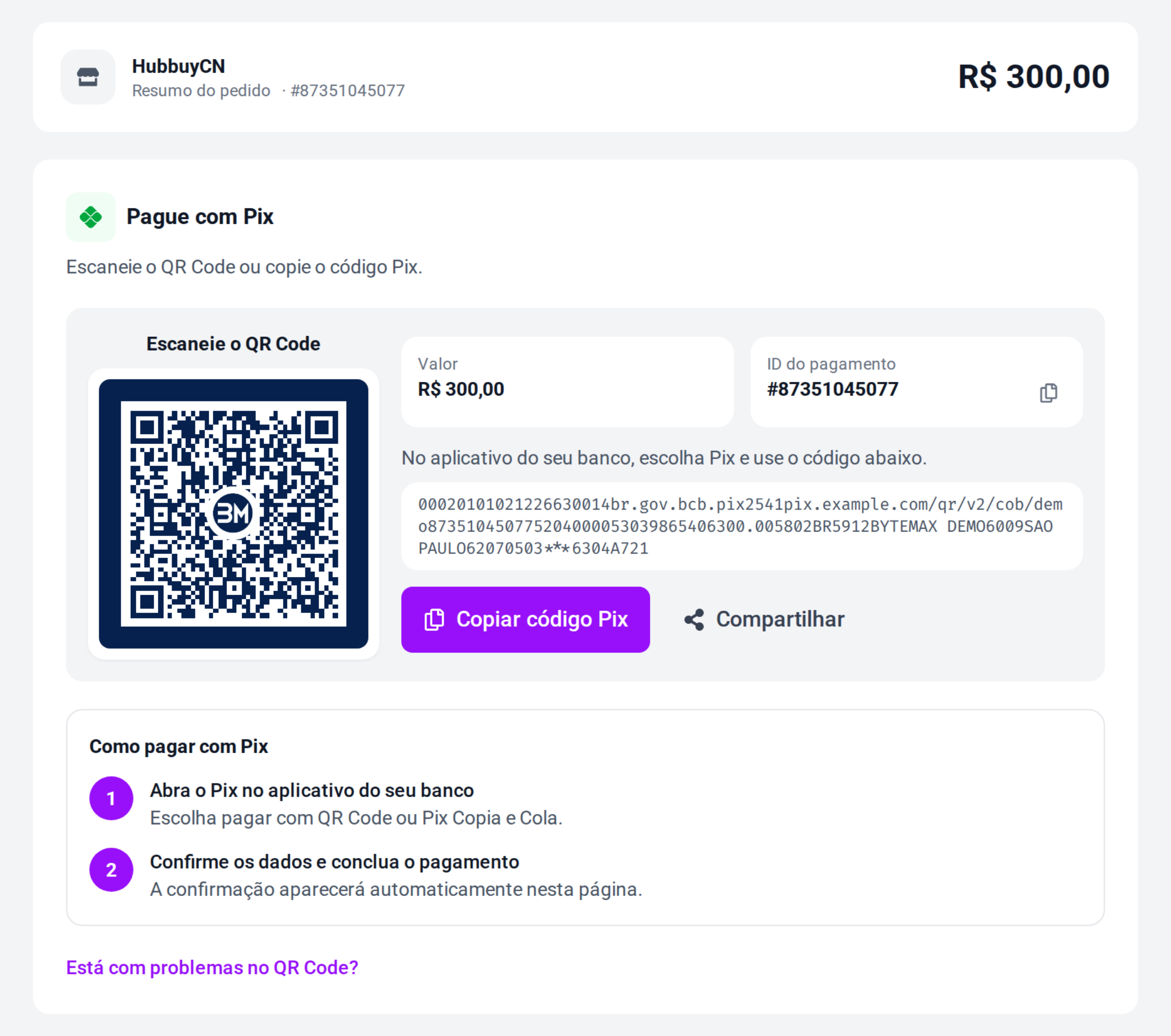 Página de pagamento da ByteMax com o QR Code e o botão Copiar código Pix