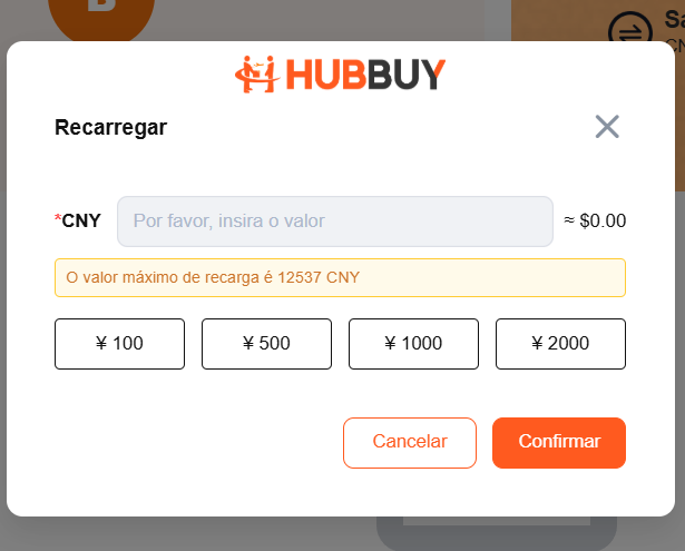 Janela Recarregar da HubbuyCN com o campo CNY e os valores prontos